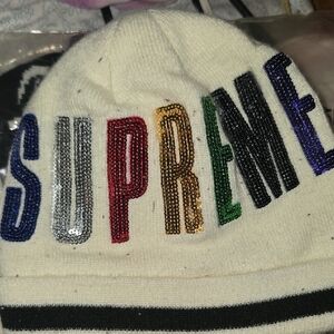 Supreme Cream Beanie with Colorful Logo